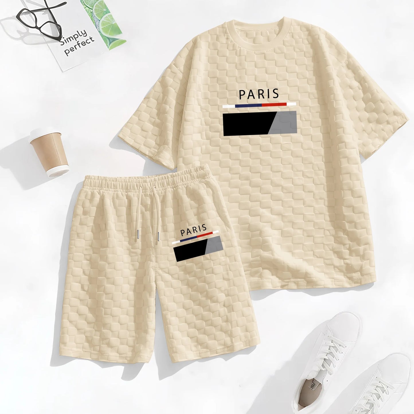 Men's Spring and Summer Paris Letter Print Checkered Fabric Drawstring Shorts Set, Casual Summer Outfit with Short-Sleeved Shirt and Shorts, Ideal for Everyday Wear and Sports Activities