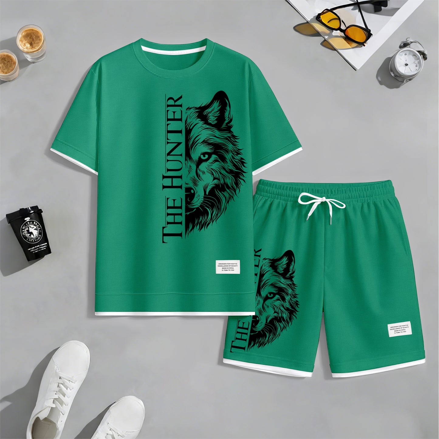 Men's "The Hunter" Wolf Head Graphic Print Waffle Short Sleeve T-Shirt & Shorts Set, Summer Lightweight Casual Sporty Two-Piece Outfit, Streetwear for Gym & Daily Wear