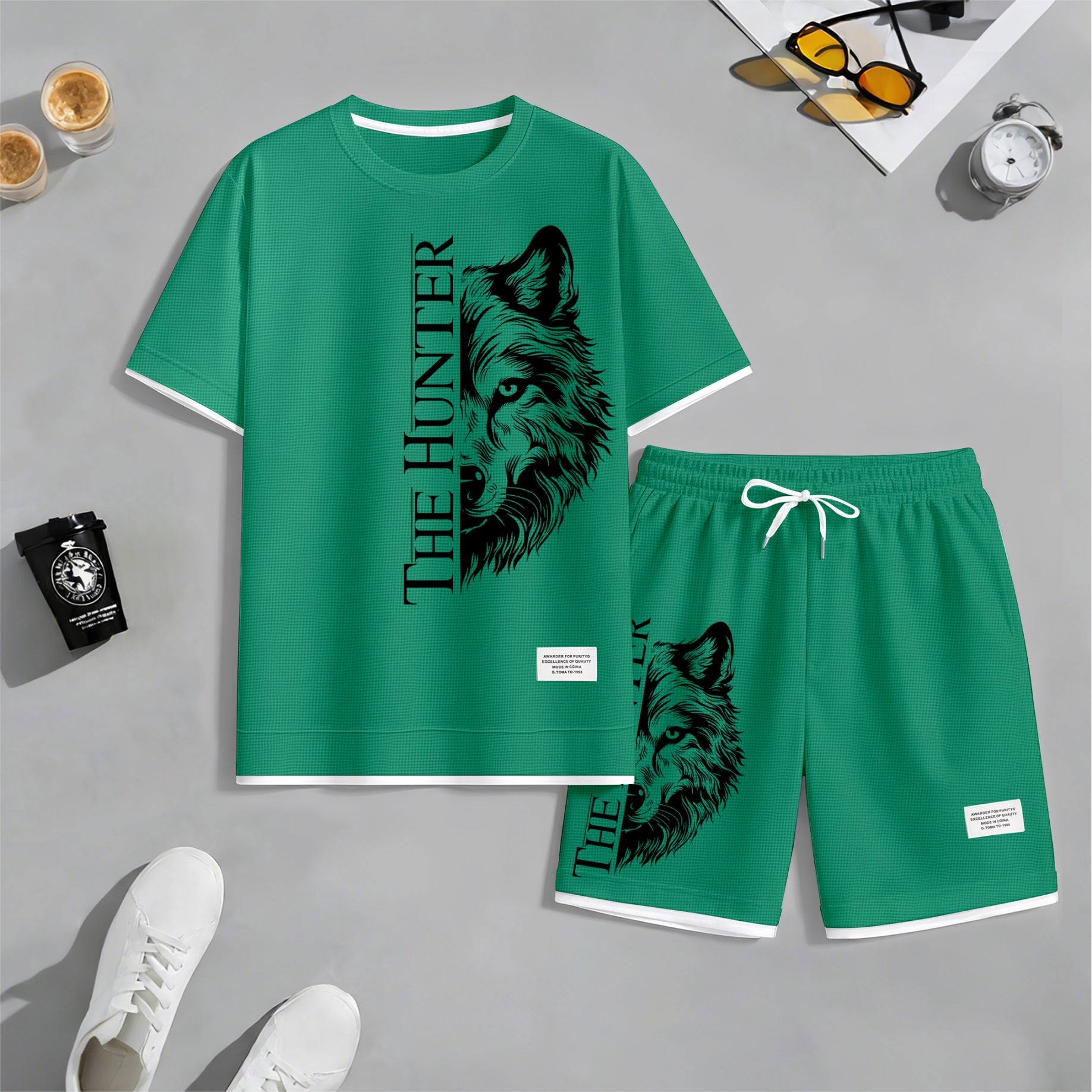 Men's "The Hunter" Wolf Head Graphic Print Waffle Short Sleeve T-Shirt & Shorts Set, Summer Lightweight Casual Sporty Two-Piece Outfit, Streetwear for Gym & Daily Wear
