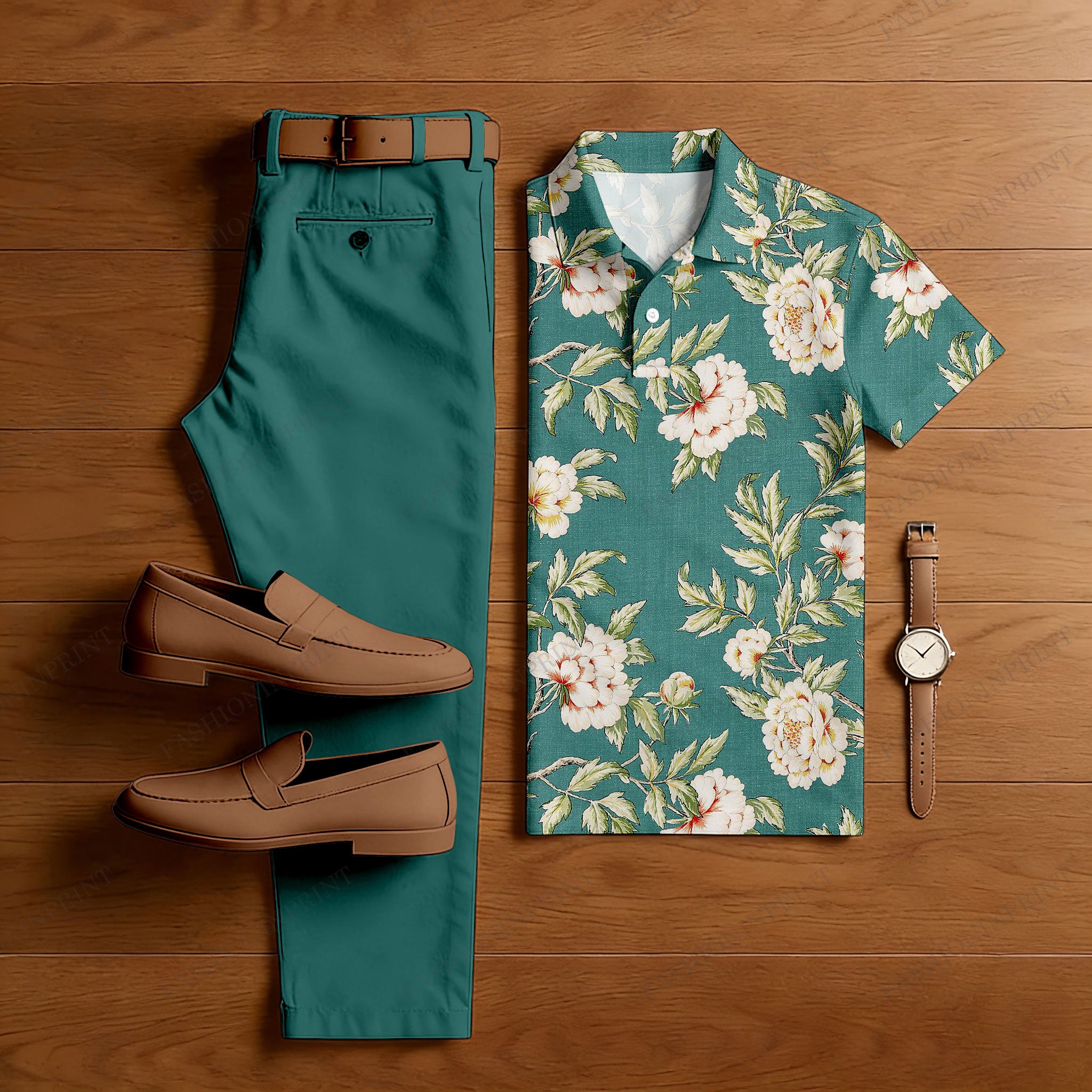Men's Casual Green Stamens Printed Polo Shirt And Pants Two-Piece Set