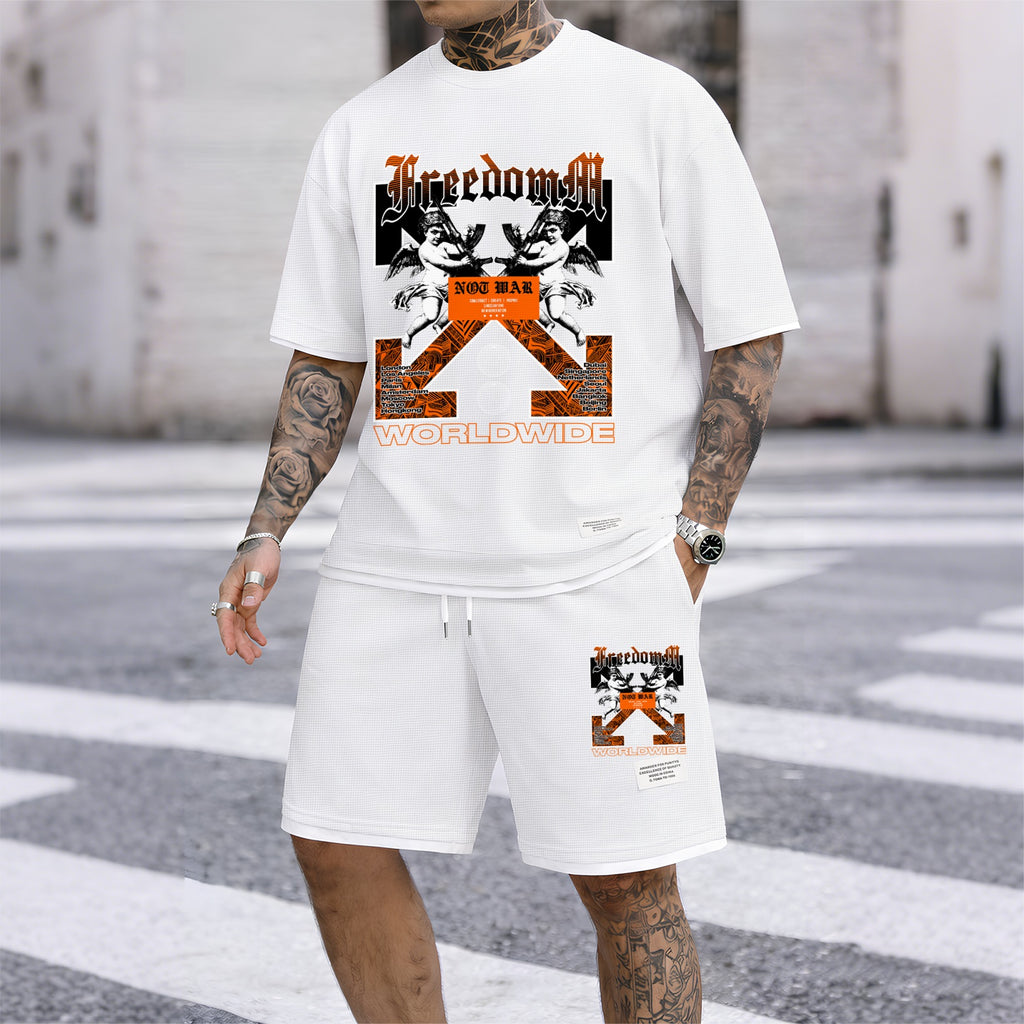 Men's Angel Graphic Print Short Sleeve Shirt and Drawstring Shorts Set, Casual Summer Two-Piece Outfit, Lightweight Breathable Relaxed Fit Athletic Set for Daily Wear, Beach, Vacation, Travel & Loungewear