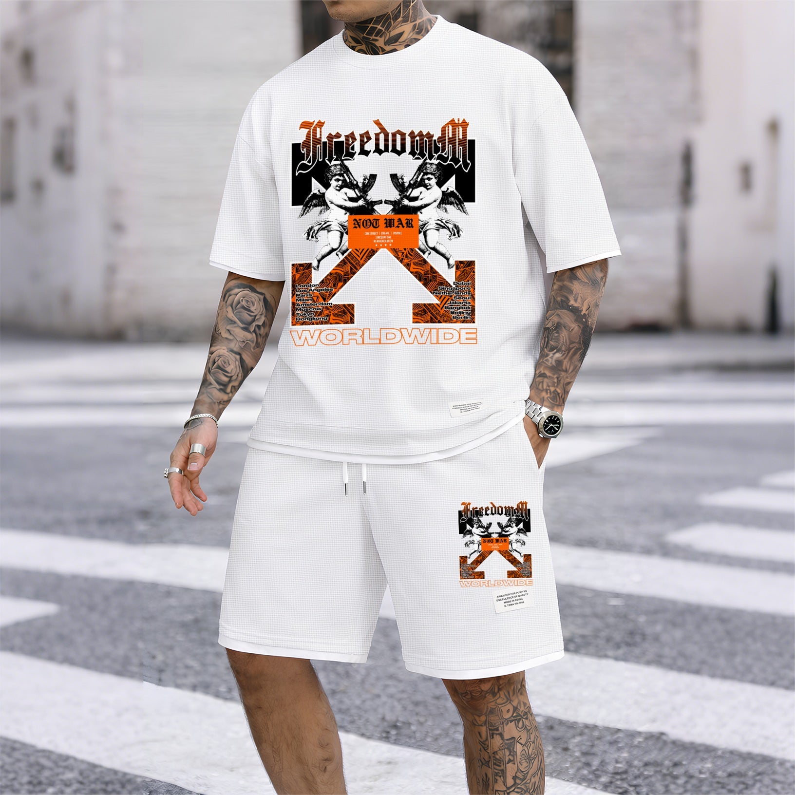 Men's Angel Graphic Print Short Sleeve Shirt and Drawstring Shorts Set, Casual Summer Two-Piece Outfit, Lightweight Breathable Relaxed Fit Athletic Set for Daily Wear, Beach, Vacation, Travel & Loungewear