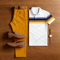 Men's Casual White Striped Print  Short-Sleeved Shirt And Trousers Two-Piece Set