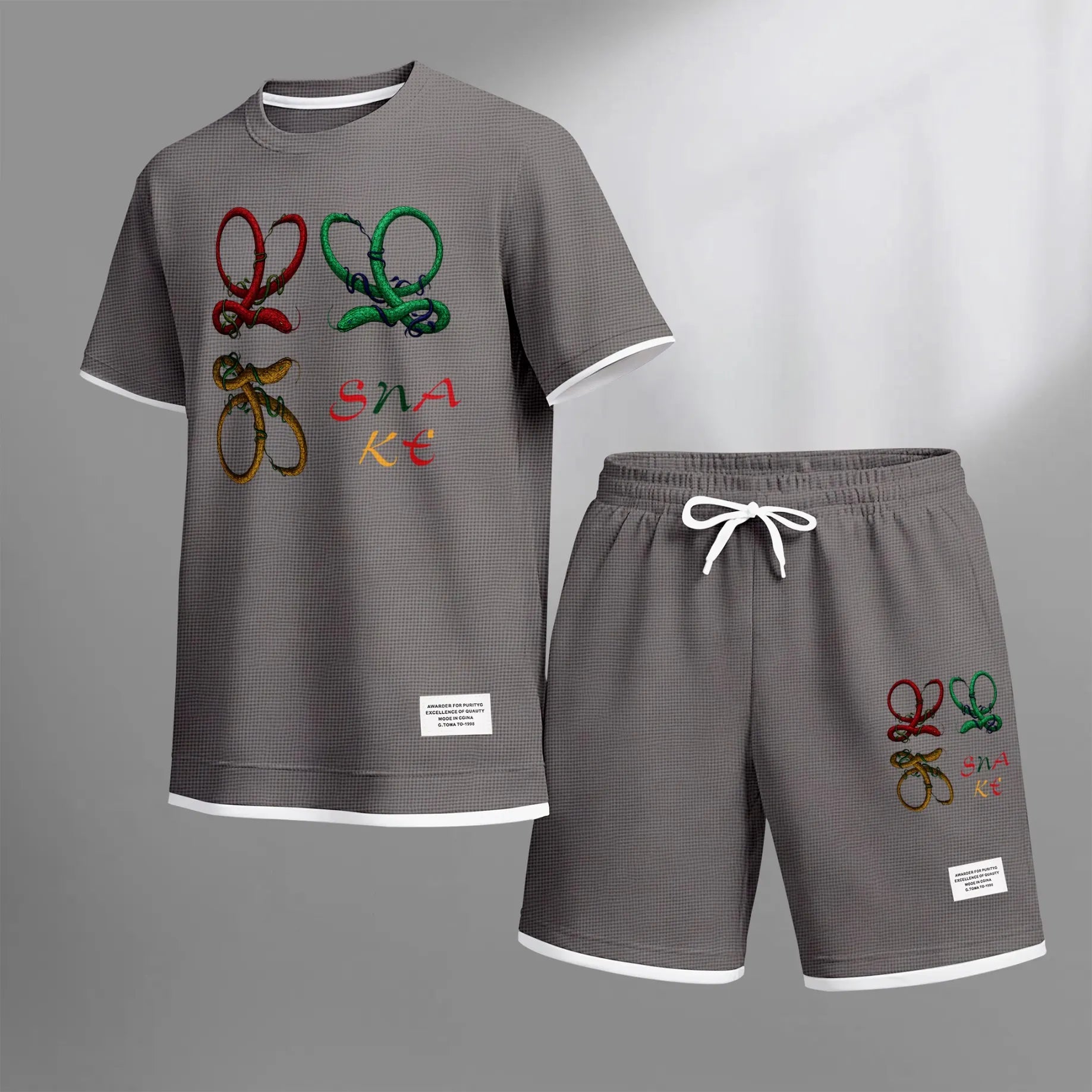 Men's Colorful Snake Shaped Letter Graphic Print Waffle Short Sleeve T-Shirt & Shorts Set, Summer Lightweight Casual Sporty Two-Piece Outfit, Streetwear for Gym & Daily Wear