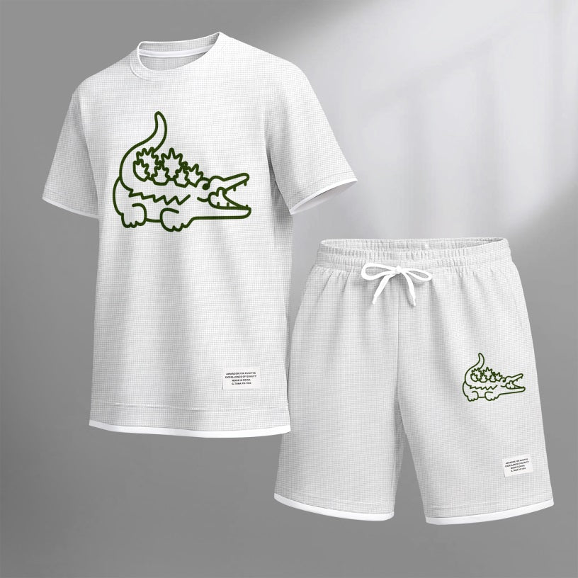 Men's Monster Crocodile Print Waffle Fabric Short-Sleeved Shirt And Shorts Set