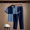 Men's Casual Navy Blue Checkered Printed Polo Short-Sleeve T-Shirt And Pants Two-Piece Set