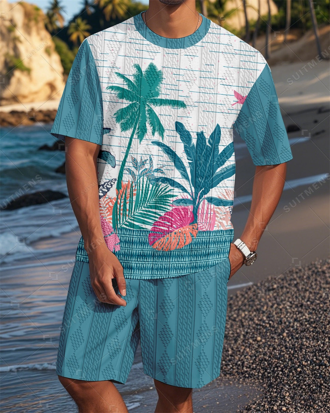 Men's Crew Neck Jacquard Textured Print Shorts Set  007