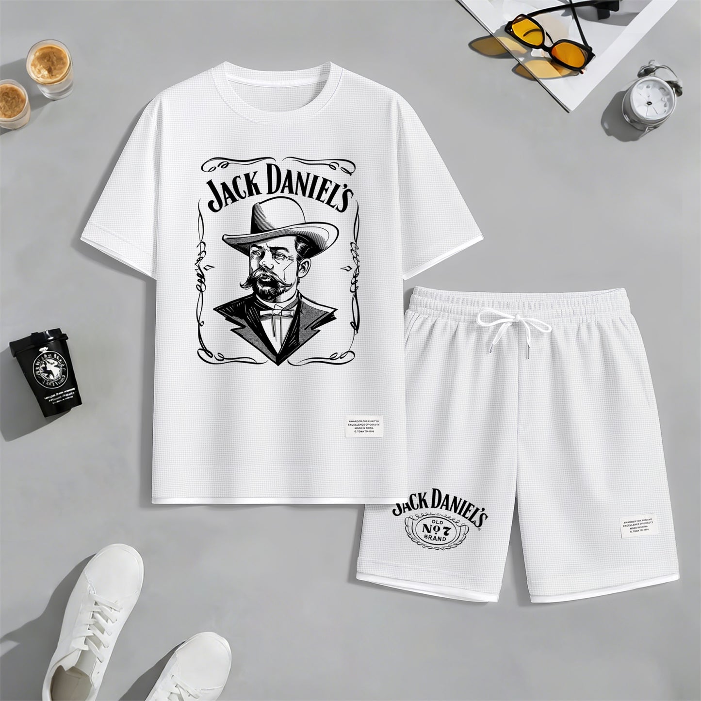 Men's Beer Print Drawstring Shorts Set, Suitable For Spring And Summer Wear, Casual Summer Set, Including Short-Sleeved Shirt And Shorts, Suitable For Everyday Wear And Sports 04