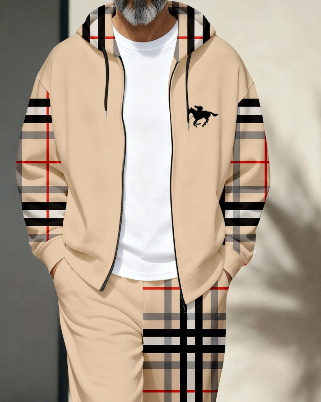 Men's Retro Luxury Thickened Fleece Colorblock Jacket Sports Hoodie Set 01