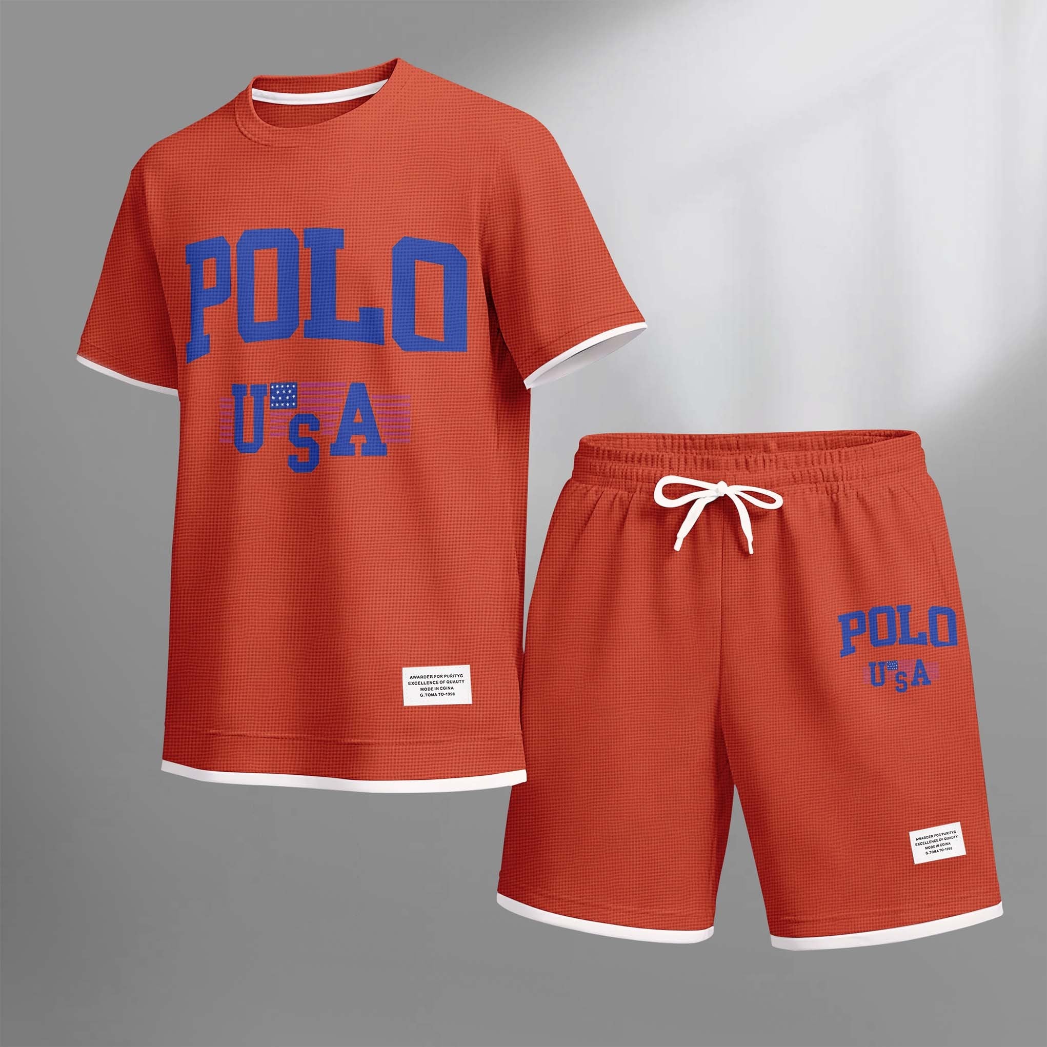 Men's USA Polo Print Drawstring Shorts Set For Spring/Summer. A Casual Summer Outfit, Including A Short-Sleeved Shirt And Shorts, Suitable For Everyday Wear And Sports. A Two-Piece Set For A Relaxed And Energetic Lifestyle.