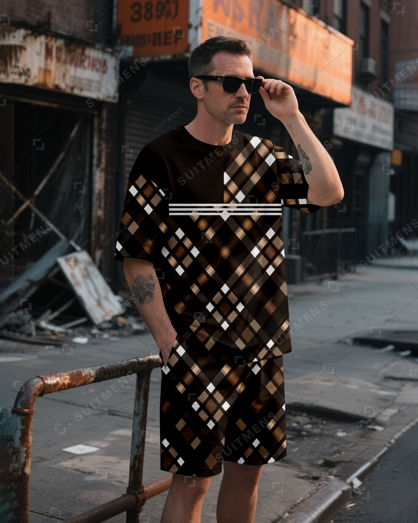 Men's Summer Colorblock Printed Round Neck Suit 018