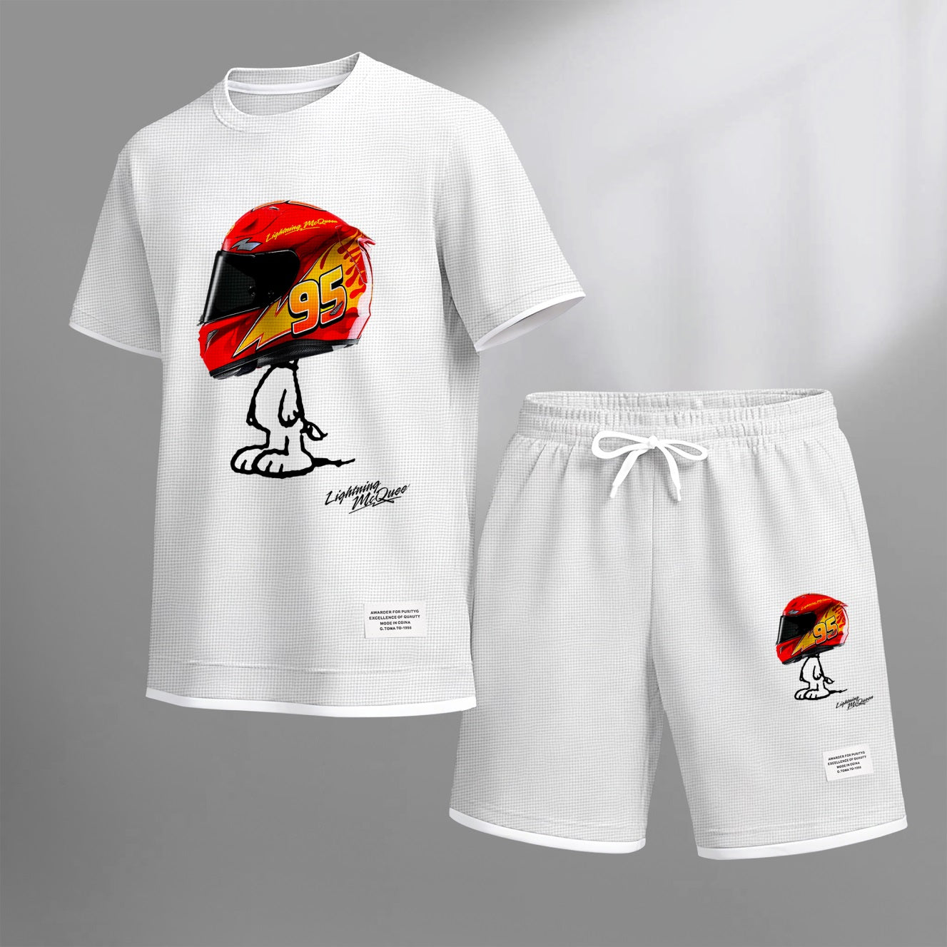 Men's Classic Racing Print Waffle Fabric Short-Sleeved Shirt And Shorts Set