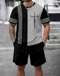 Men's Summer Colorblock Printed Round Neck Set 470