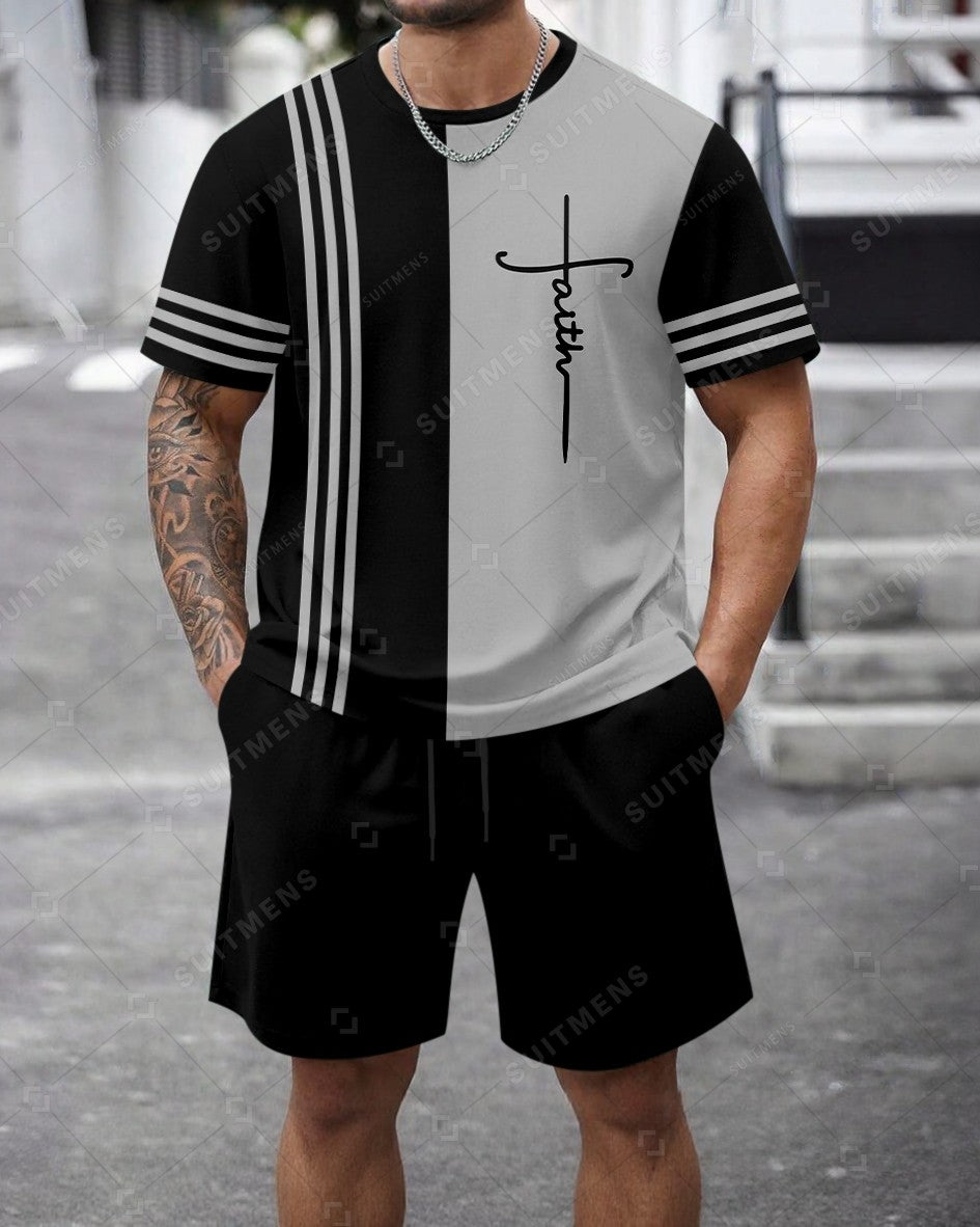 Men's Summer Colorblock Printed Round Neck Set 470