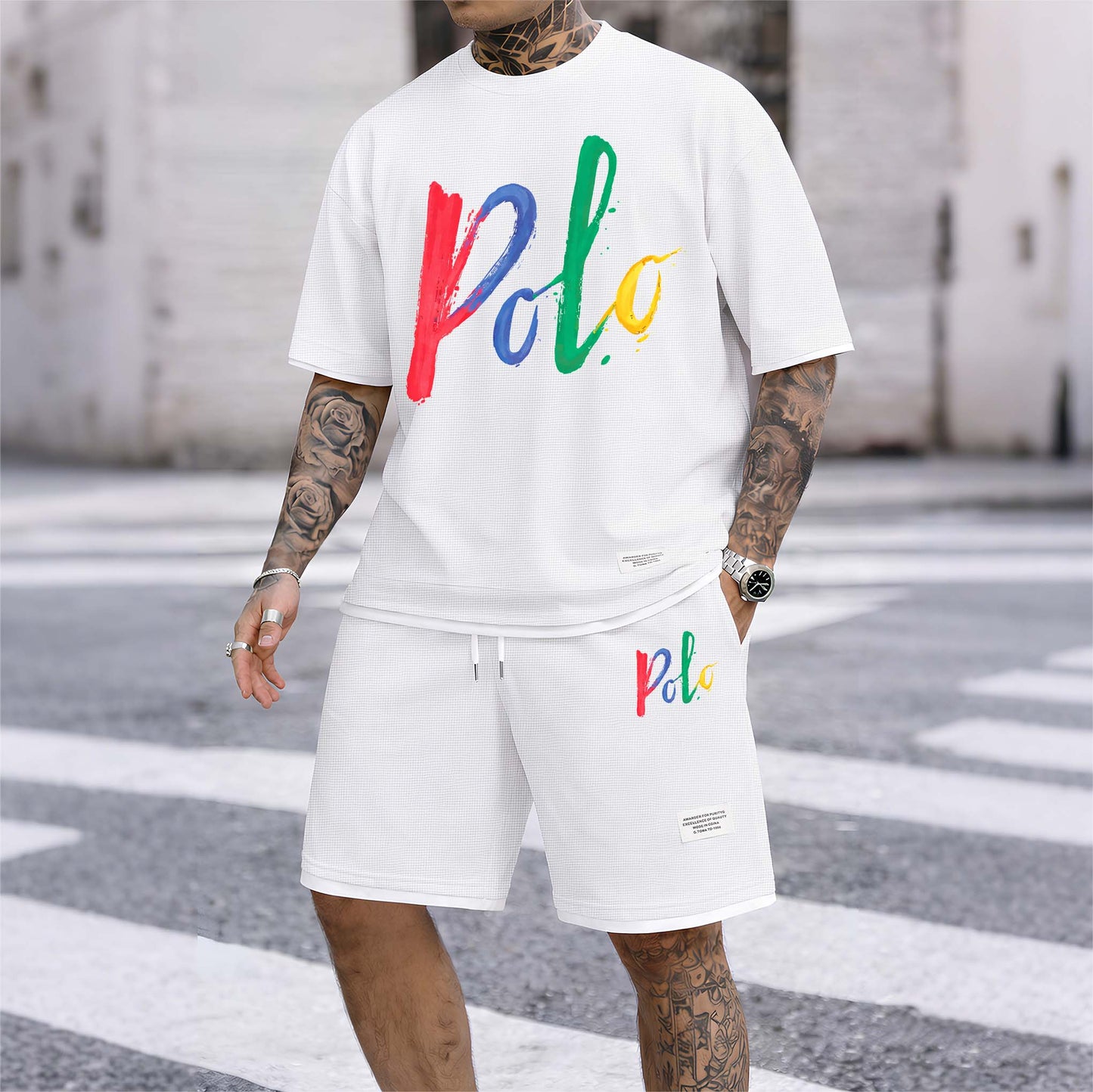 Men's Polo Print Drawstring Shorts Set For Spring/Summer. A Casual Summer Outfit, Including A Short-Sleeved Shirt And Shorts, Suitable For Everyday Wear And Sports. A Two-Piece Set For A Relaxed And Energetic Lifestyle.