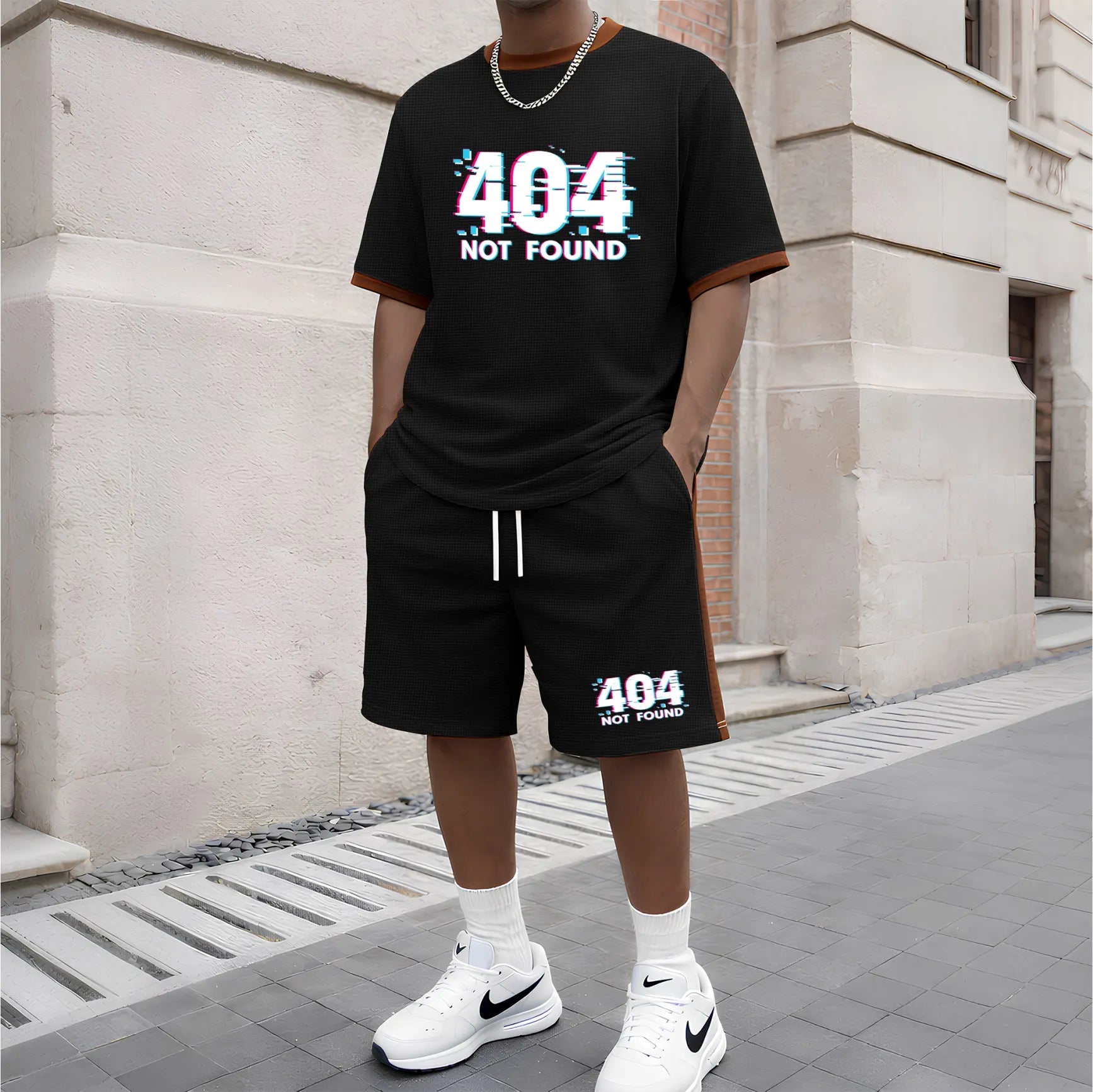 Men's 404 Pattern Short-Sleeve T-Shirt and Drawstring Shorts Set, Men's Clothing, Casual Sportswear Short-Sleeve Top and Shorts, Summer Men's Everyday Wear, Indoor and Outdoor Sportswear, Sports Set