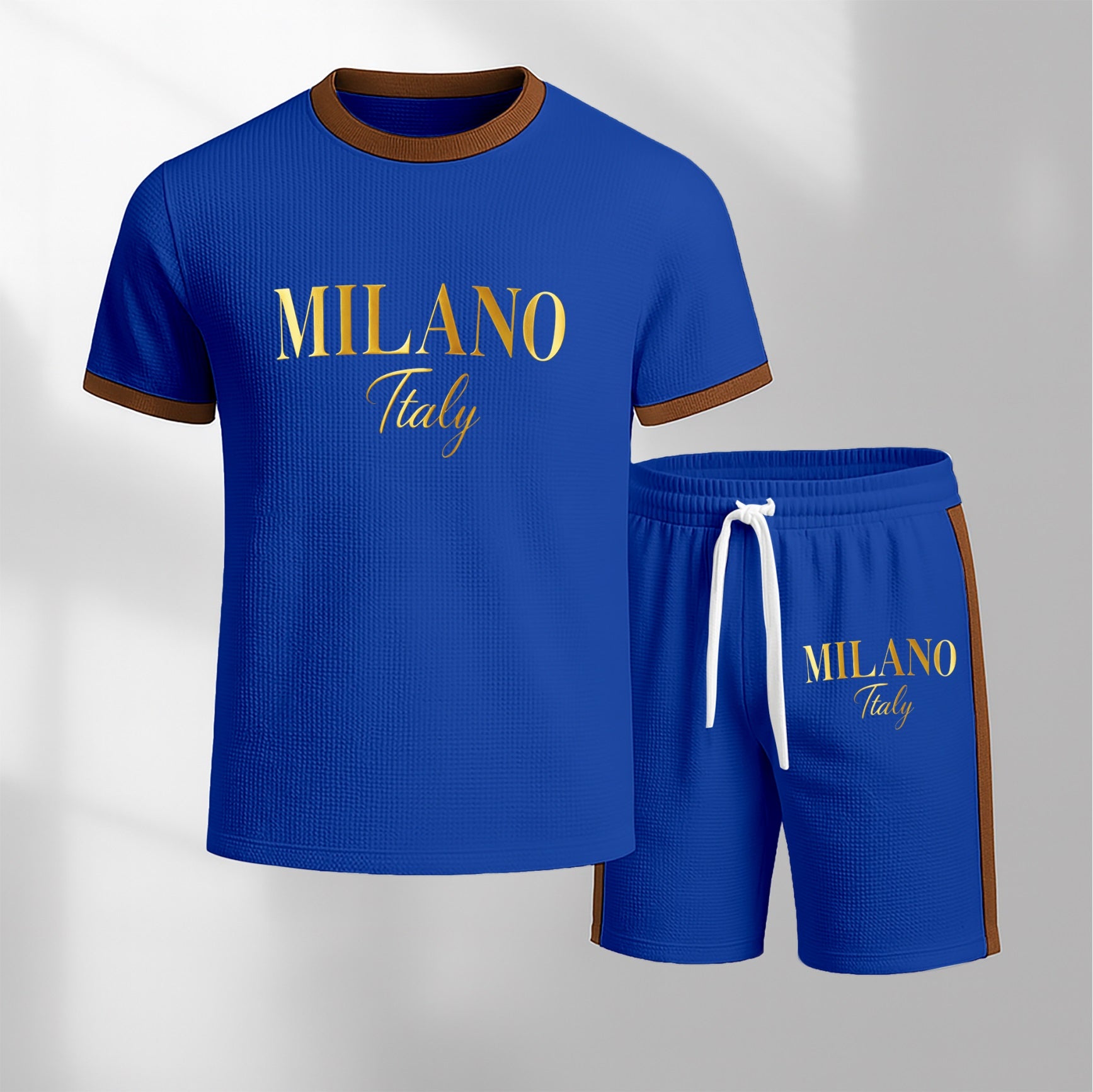 Men's Milan Letter Pattern Short-Sleeve T-Shirt and Drawstring Shorts Set, Men's Clothing, Casual Sportswear Short-Sleeve Top and Shorts, Summer Men's Everyday Wear, Indoor and Outdoor Sportswear, Sports Set