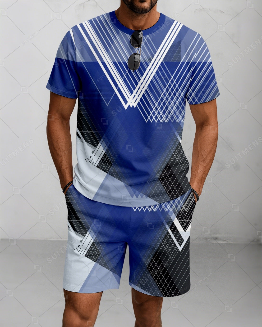 Men's Summer Colorblock Printed Round Neck Suit 071