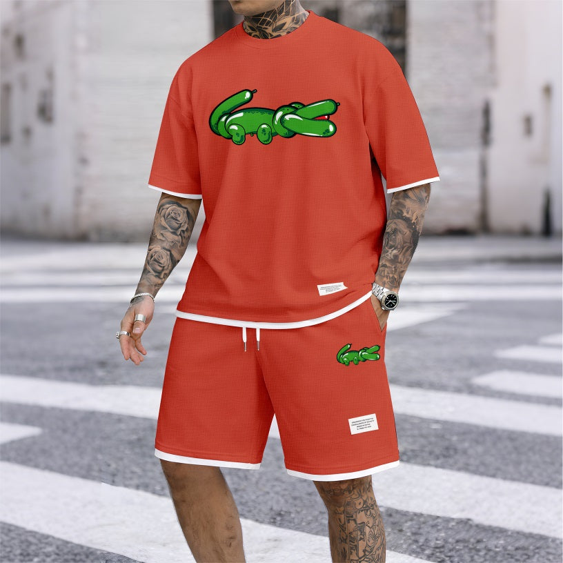Men's Balloon Crocodile Print Waffle Fabric Short-Sleeved Shirt And Shorts Set