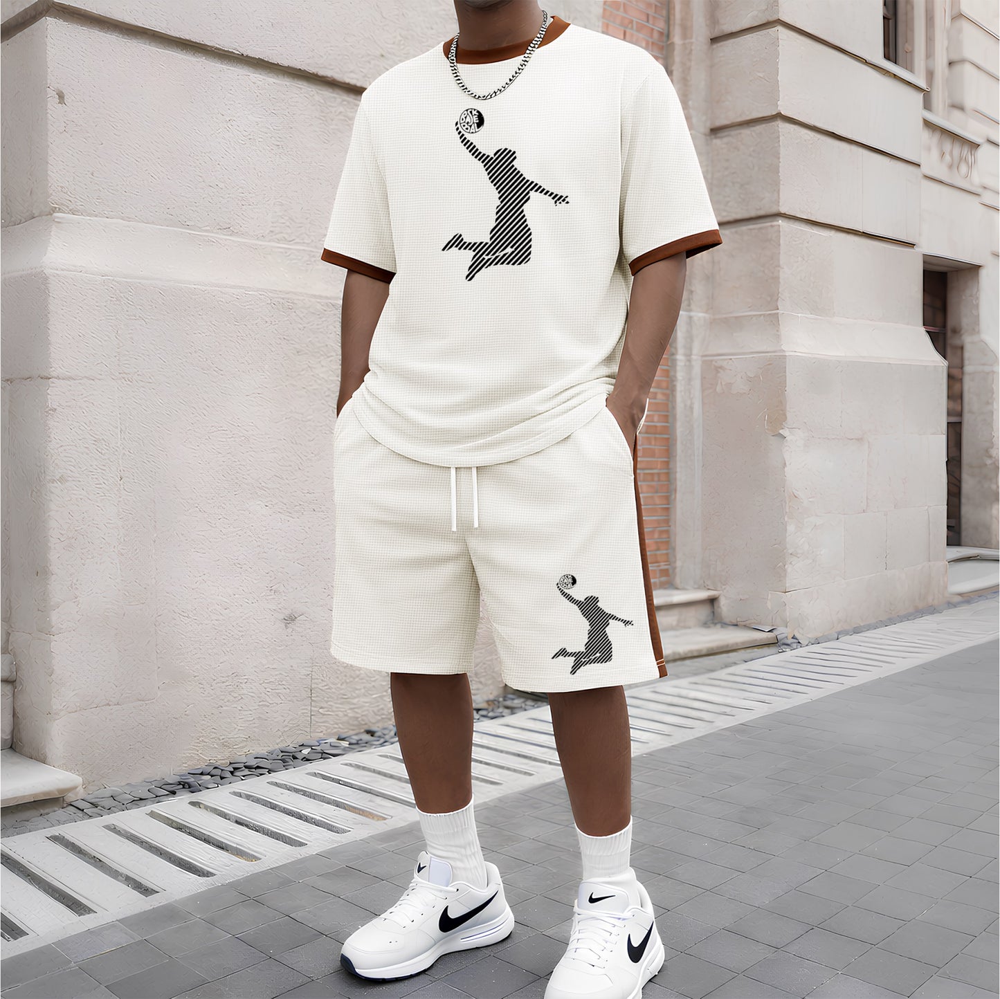 Men's Basketball Pattern Short-Sleeve T-Shirt and Drawstring Shorts Set, Men's Clothing, Casual Sporty Short-Sleeve Top and Shorts, Summer Men's Everyday Wear, Indoor and Outdoor Sportswear, Athletic Set