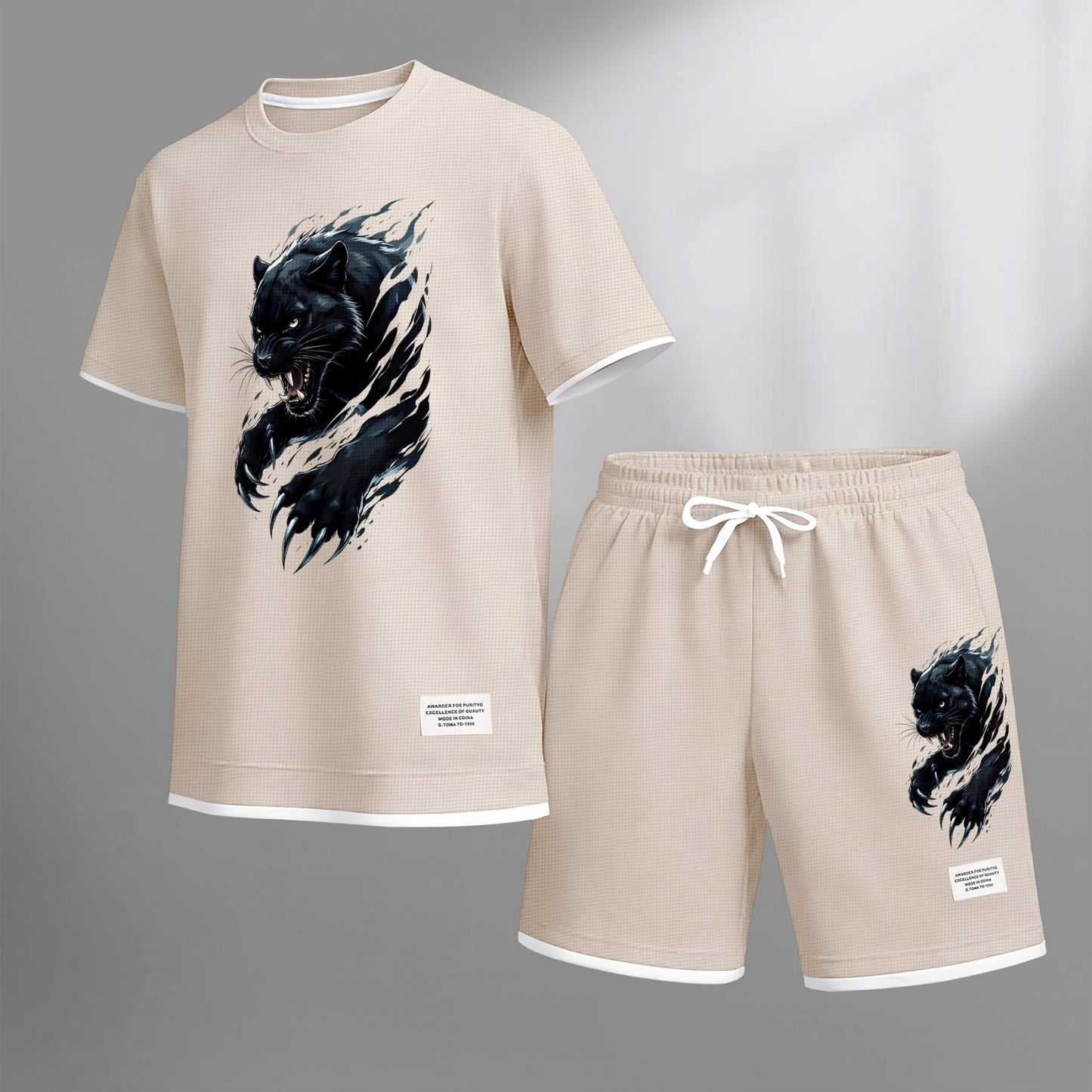 Men's Black Panther Graphic Print Waffle Short Sleeve T-Shirt & Shorts Set, Summer Lightweight Sporty Casual Two-Piece Outfit, Streetwear for Gym & Daily Wear
