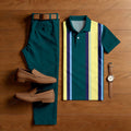 Men's Casual Green & Yellow Color Matching Striped Printed Short Sleeved Polo Shirt & Trousers Two-Piece Set