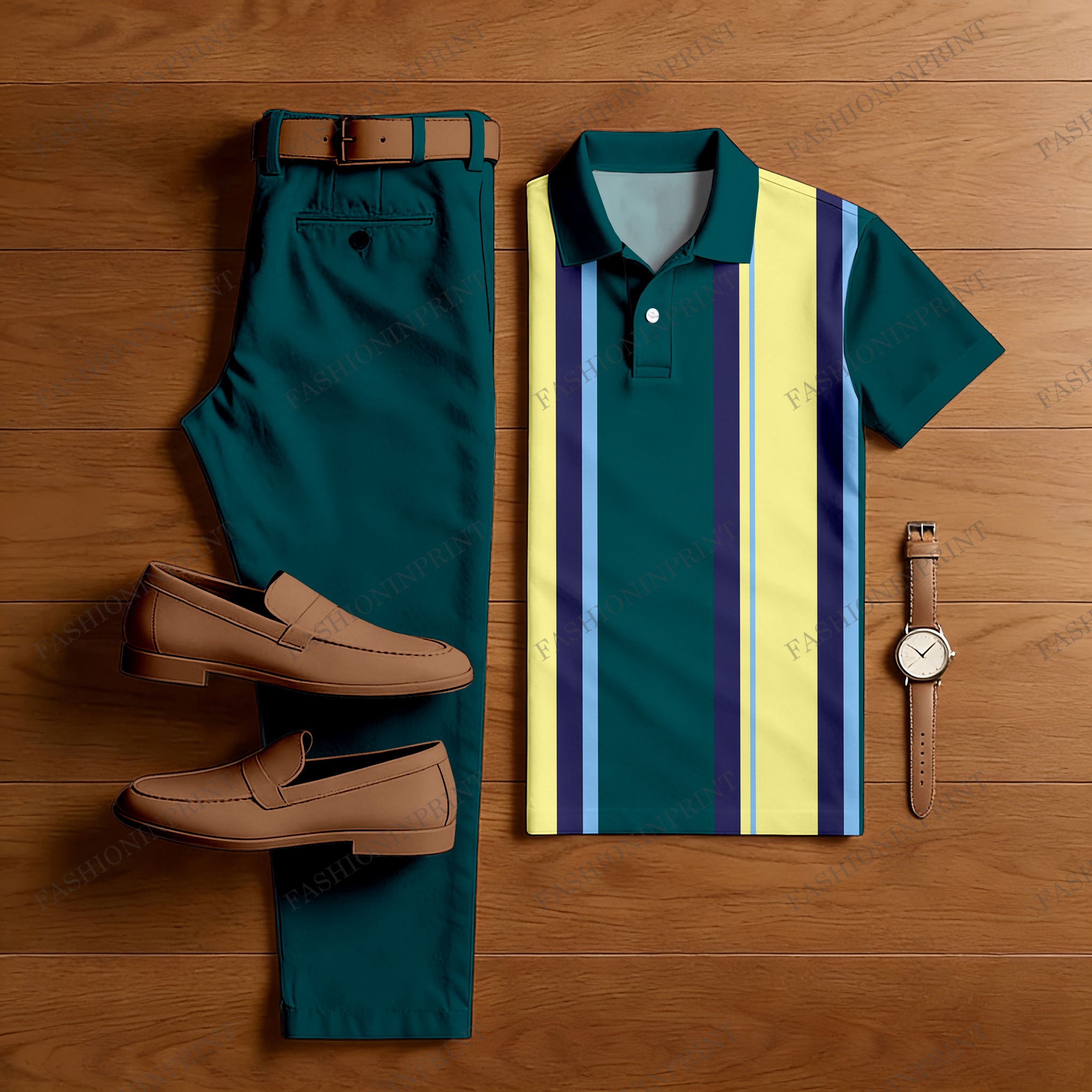 Men's Casual Green & Yellow Color Matching Striped Printed Short Sleeved Polo Shirt & Trousers Two-Piece Set