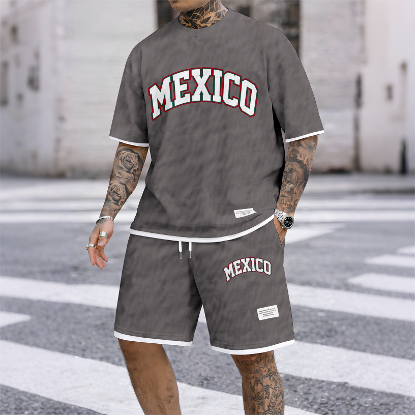 Men's Casual Style MEXICO Print Waffle Fabric Short-Sleeved Shirt And Shorts Set