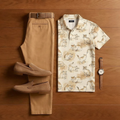 Men's Fashion Apricot Kitten Print Short-Sleeve Shirt And Trousers Two-Piece Set