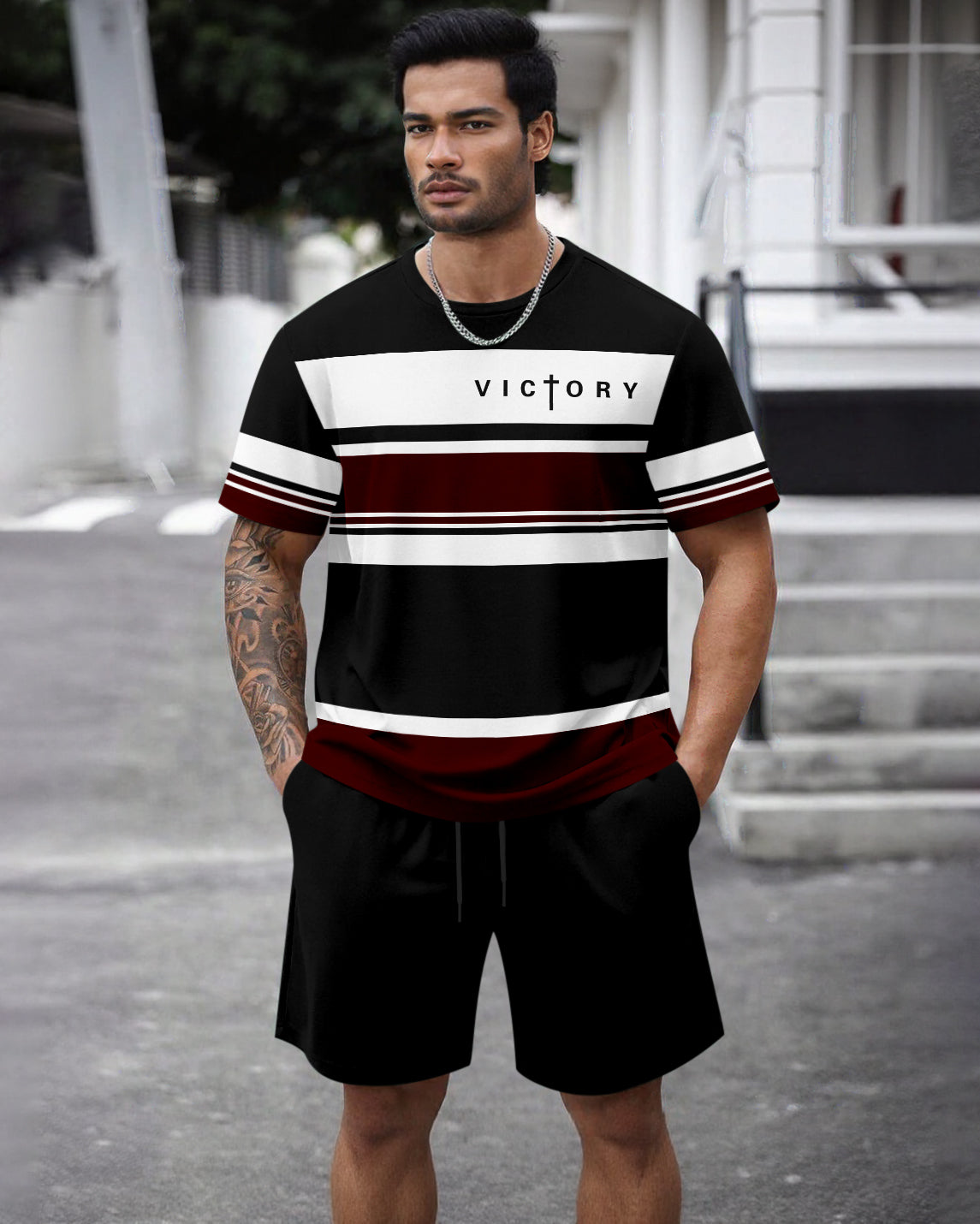 Men's Summer Colorblock Printed Round Neck Set 469