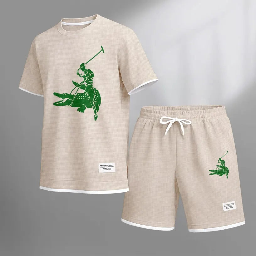 Men's Funny Crocodile Print Waffle Fabric Short-Sleeved Shirt And Shorts Set 02