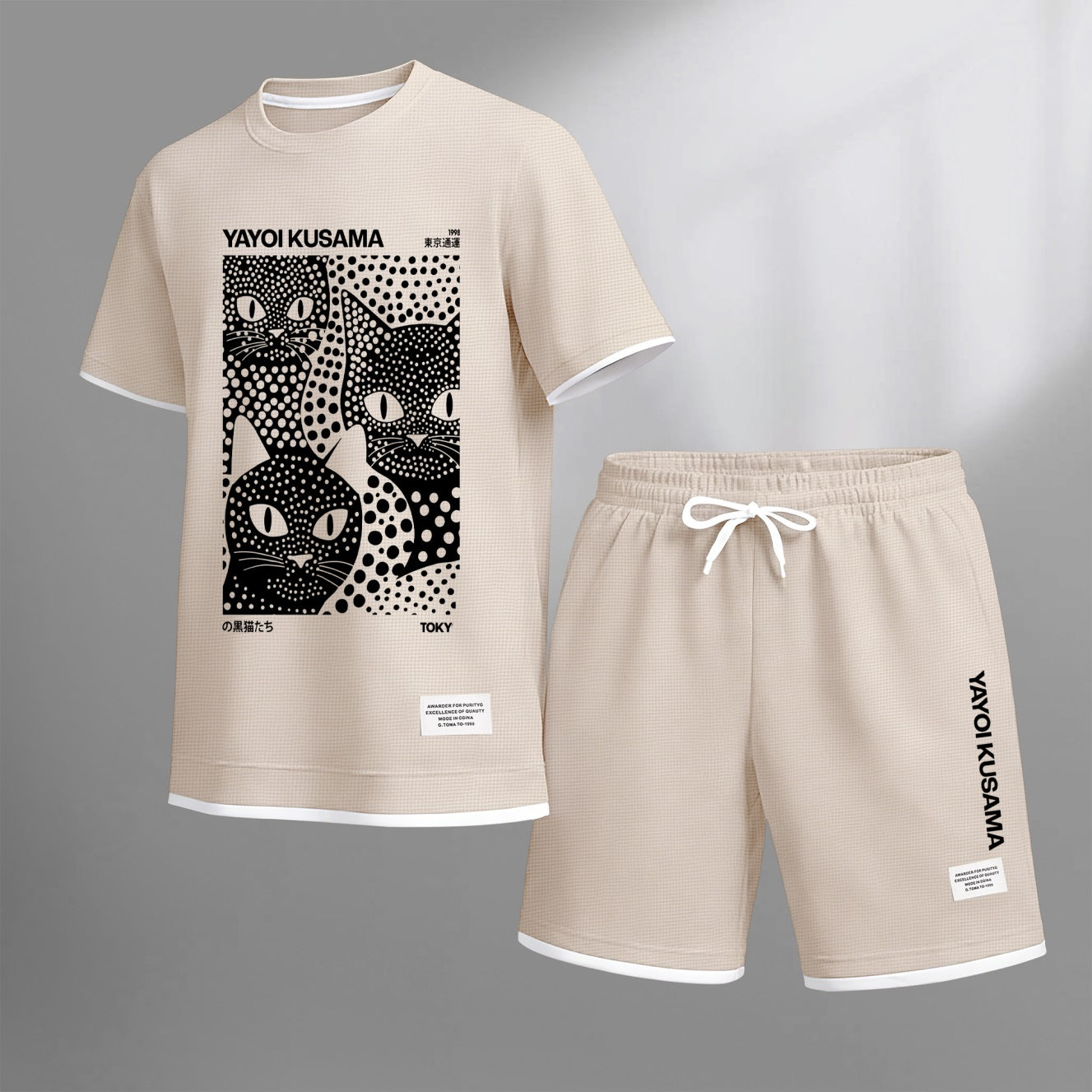 Men's Polka-Dot Black Cat Print Waffle Fabric Short-Sleeved Shirt And Shorts Set