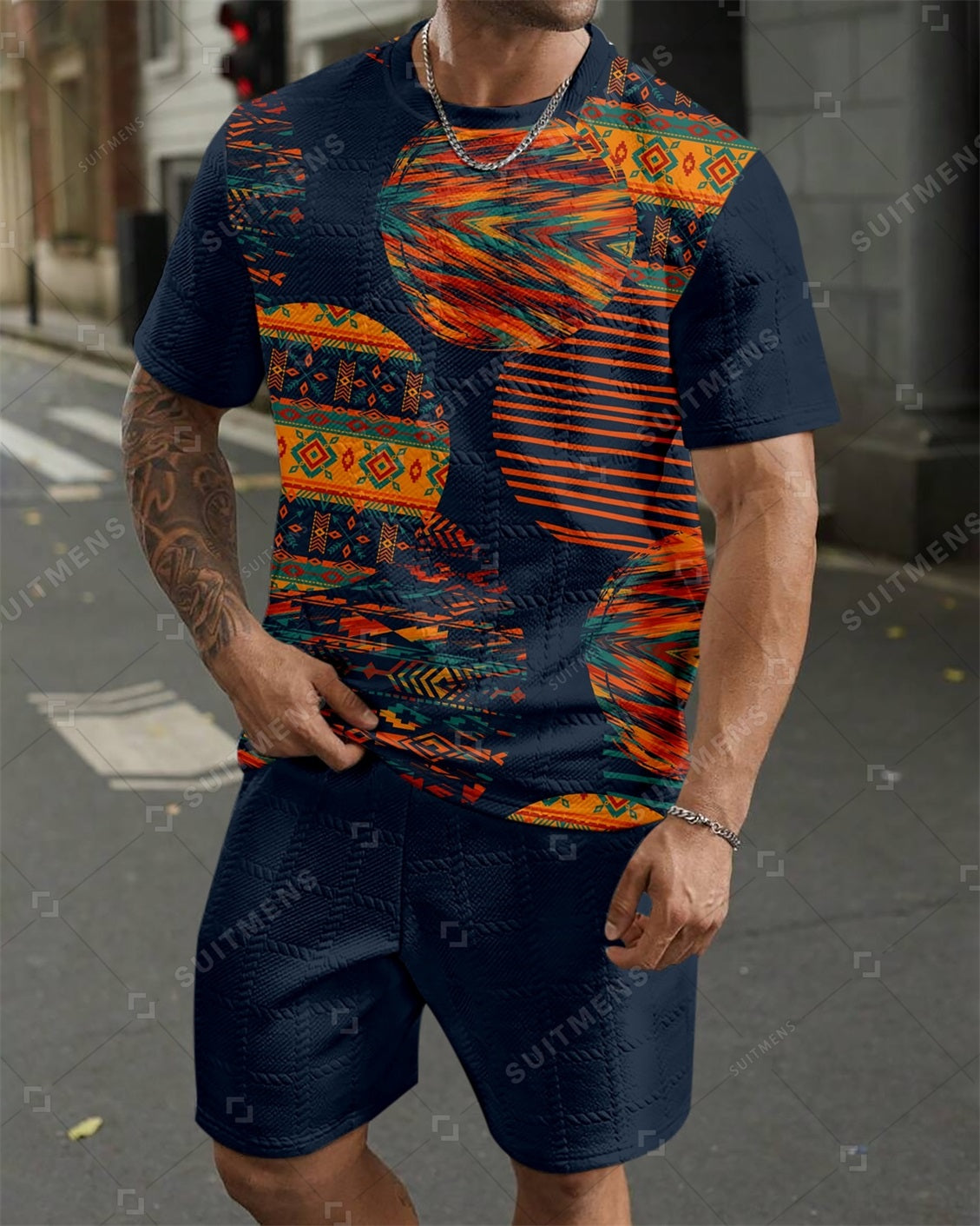 Men's Jacquard Textured Color Block Printed Short Sleeve Shorts Set 0011