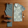 Men's Casual Light Green Gradient Gray Yellow Color Matching Checkered Printed Short Sleeved Polo Shirt & Trousers Two-Piece Set