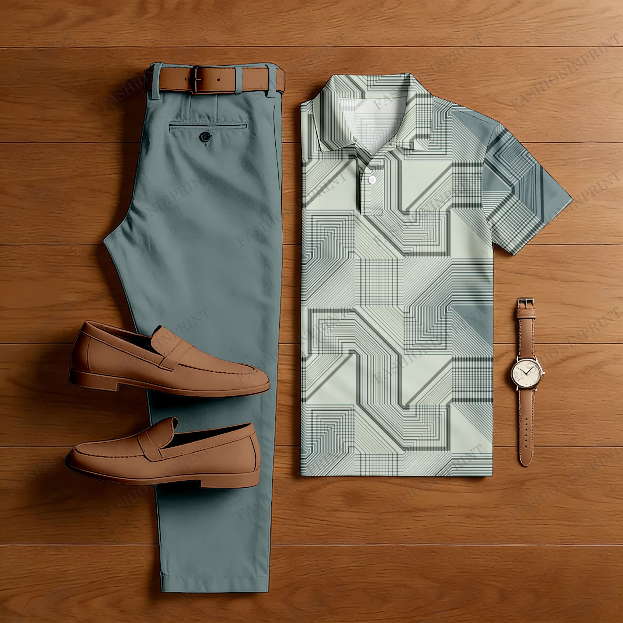 Men's Casual Light Green Gradient Gray Yellow Color Matching Checkered Printed Short Sleeved Polo Shirt & Trousers Two-Piece Set