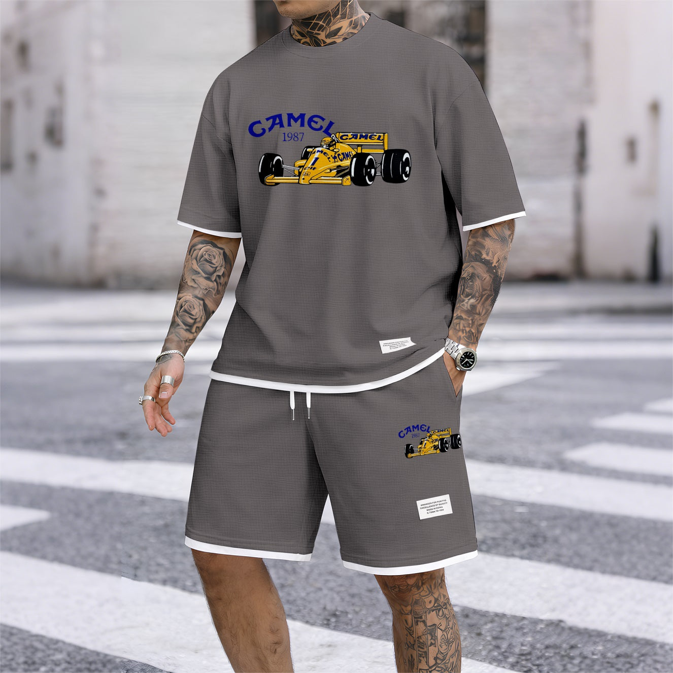 Men's Classic Racing Print Waffle Fabric Short-Sleeved Shirt And Shorts Set 02