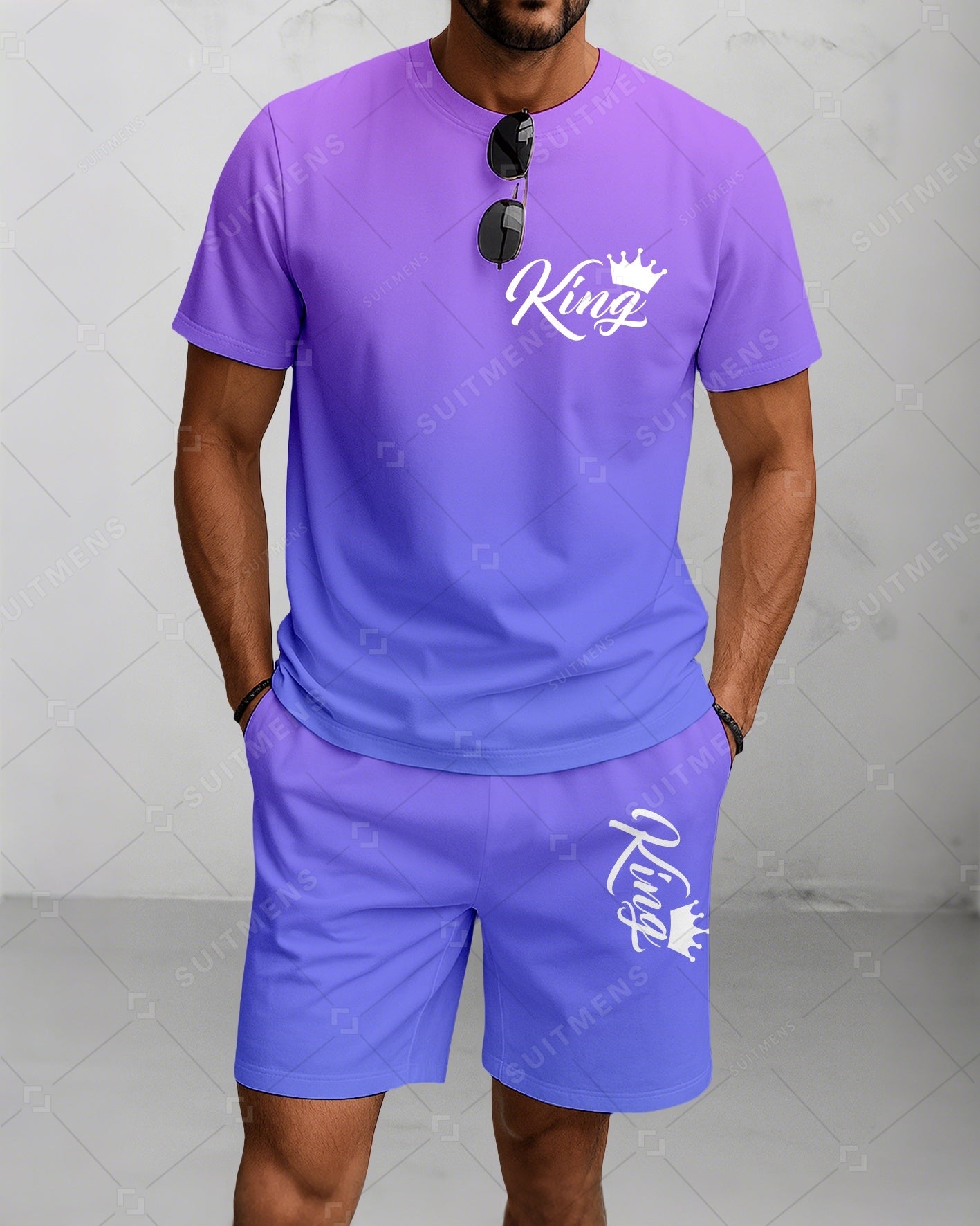 Men's Summer Colorblock Printed Round Neck Suit 052
