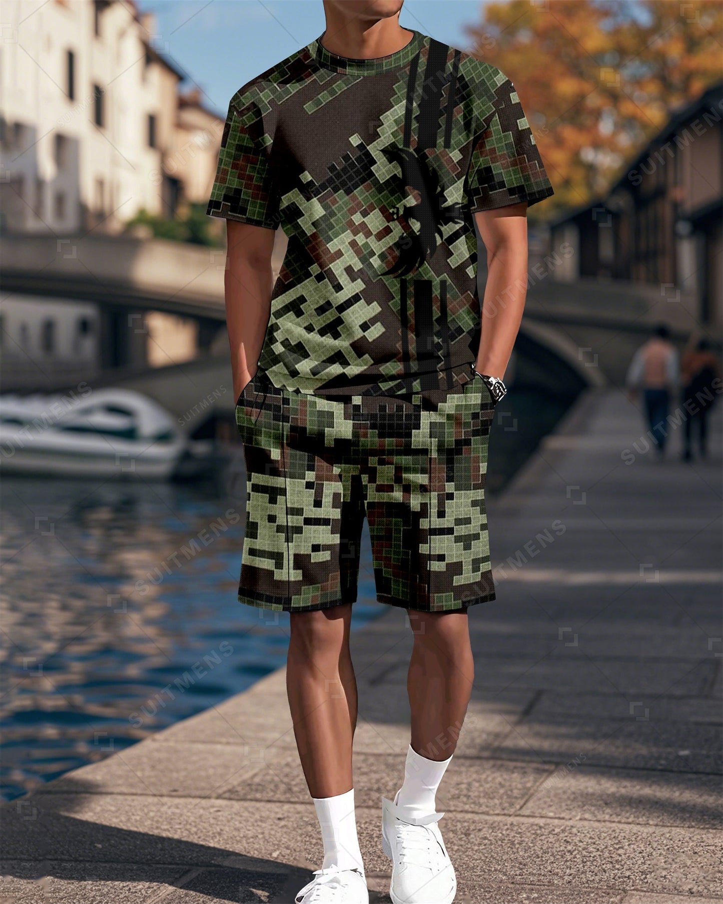 Men's Camouflage Printed Casual Summer Round Neck Set 2024
