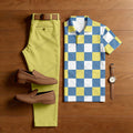 Men's Casual Yellow & Blue & White Color Matching Checkered Printed Short Sleeved Polo Shirt & Trousers Two-Piece Set