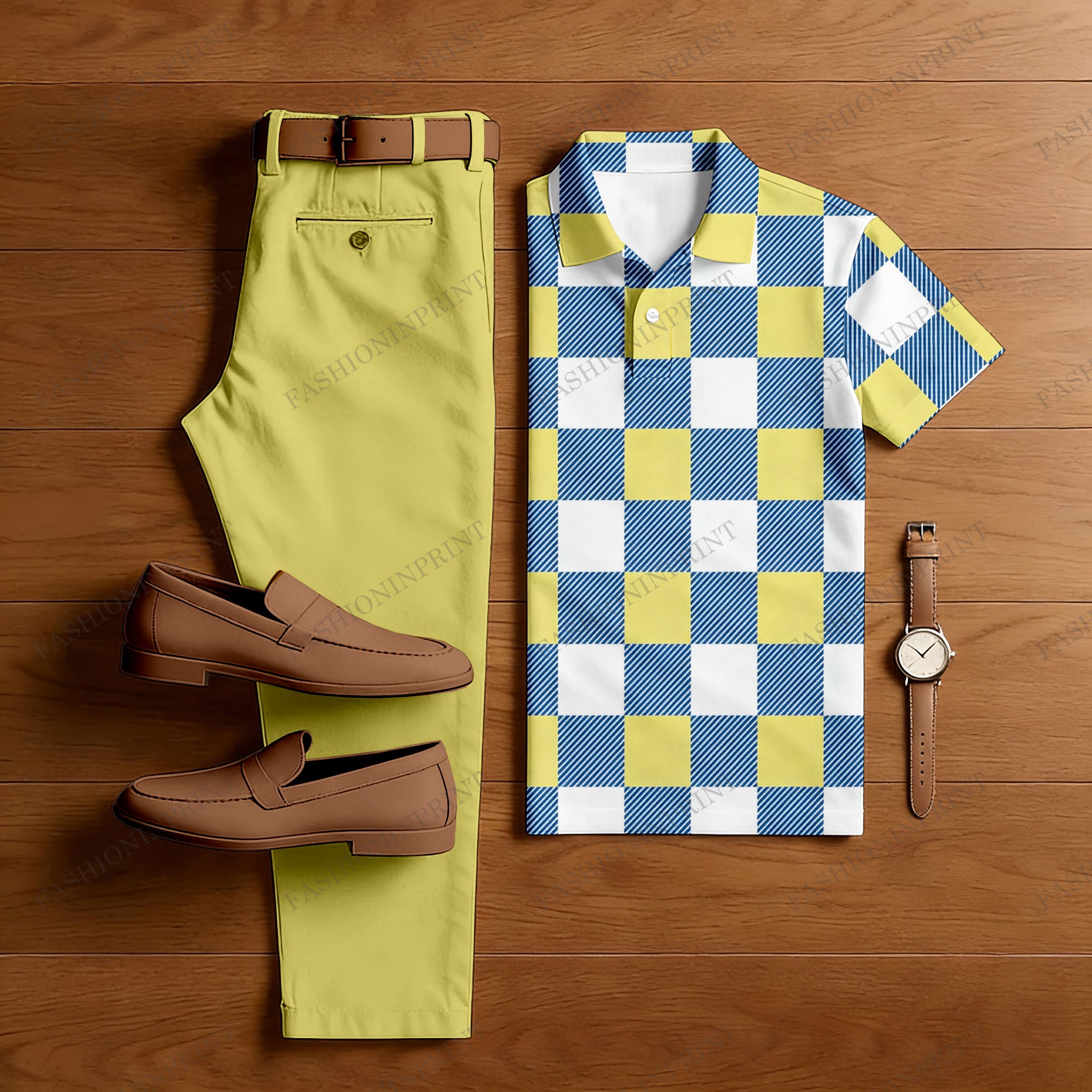 Men's Casual Yellow & Blue & White Color Matching Checkered Printed Short Sleeved Polo Shirt & Trousers Two-Piece Set