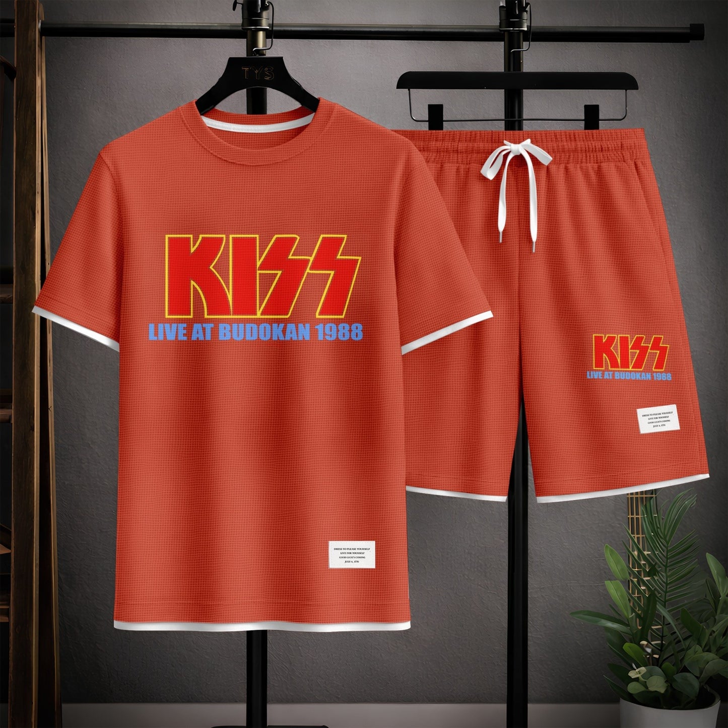 Men's KISS Print Short Sleeve Shirt and Drawstring Shorts Set, Casual Summer Two-Piece Outfit, Lightweight Breathable Relaxed Fit Athletic Set for Daily Wear, Beach, Vacation, Travel and Loungewear