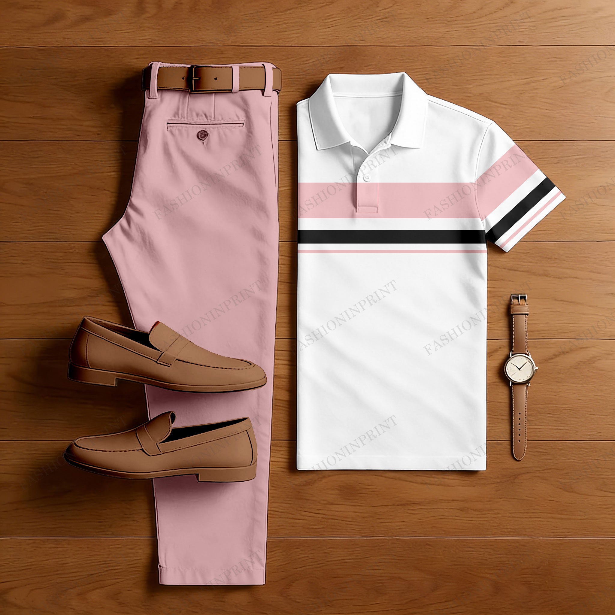 Men's Pink & White Casual Color Matching Striped Printed Short Sleeved Polo Shirt & Trousers Two-Piece Set 201766