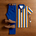 Men's Casual Royal Blue & Orange Color Matching Striped Printed Short Sleeved Polo Shirt & Trousers Two-Piece Set
