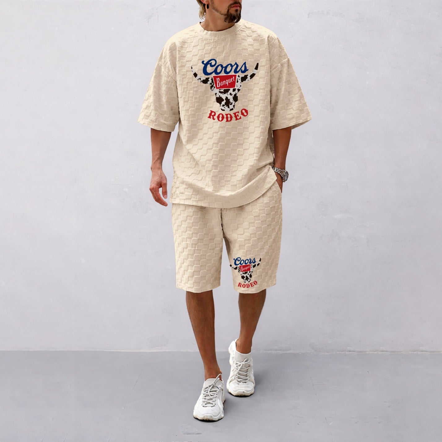 Men's Spring And Summer Classic Beer Print With Red And Black Line Checkered Fabric Drawstring Shorts Set, Casual Summer Outfit With Short-Sleeved Shirt And Shorts, Ideal For Everyday Wear And Sports Activities