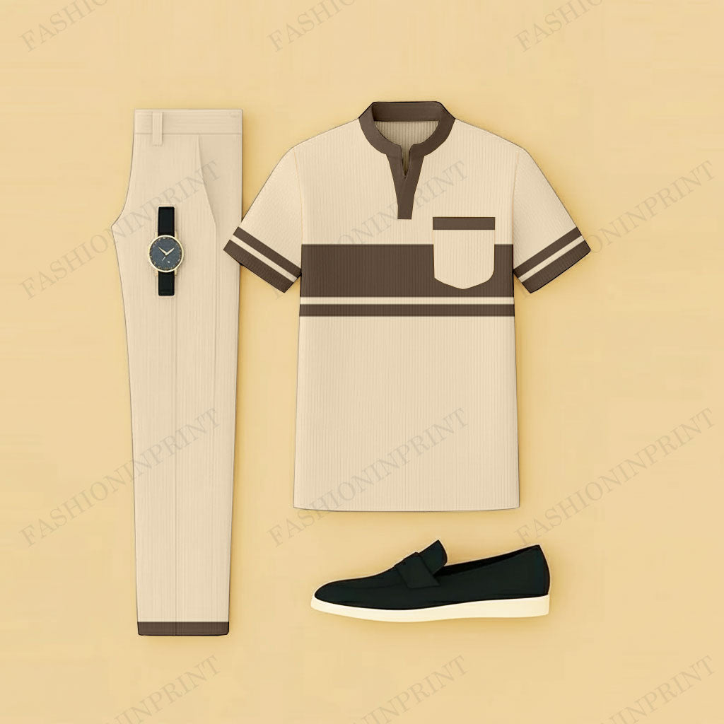 Men's Casual Apricot Geometry Printed Short-Sleeve T-Shirt And Pants Two-Piece Set