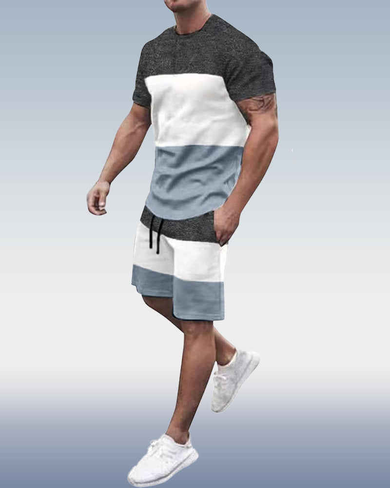 Suitmens Men's Simple Colorblock Print Shorts Set 080