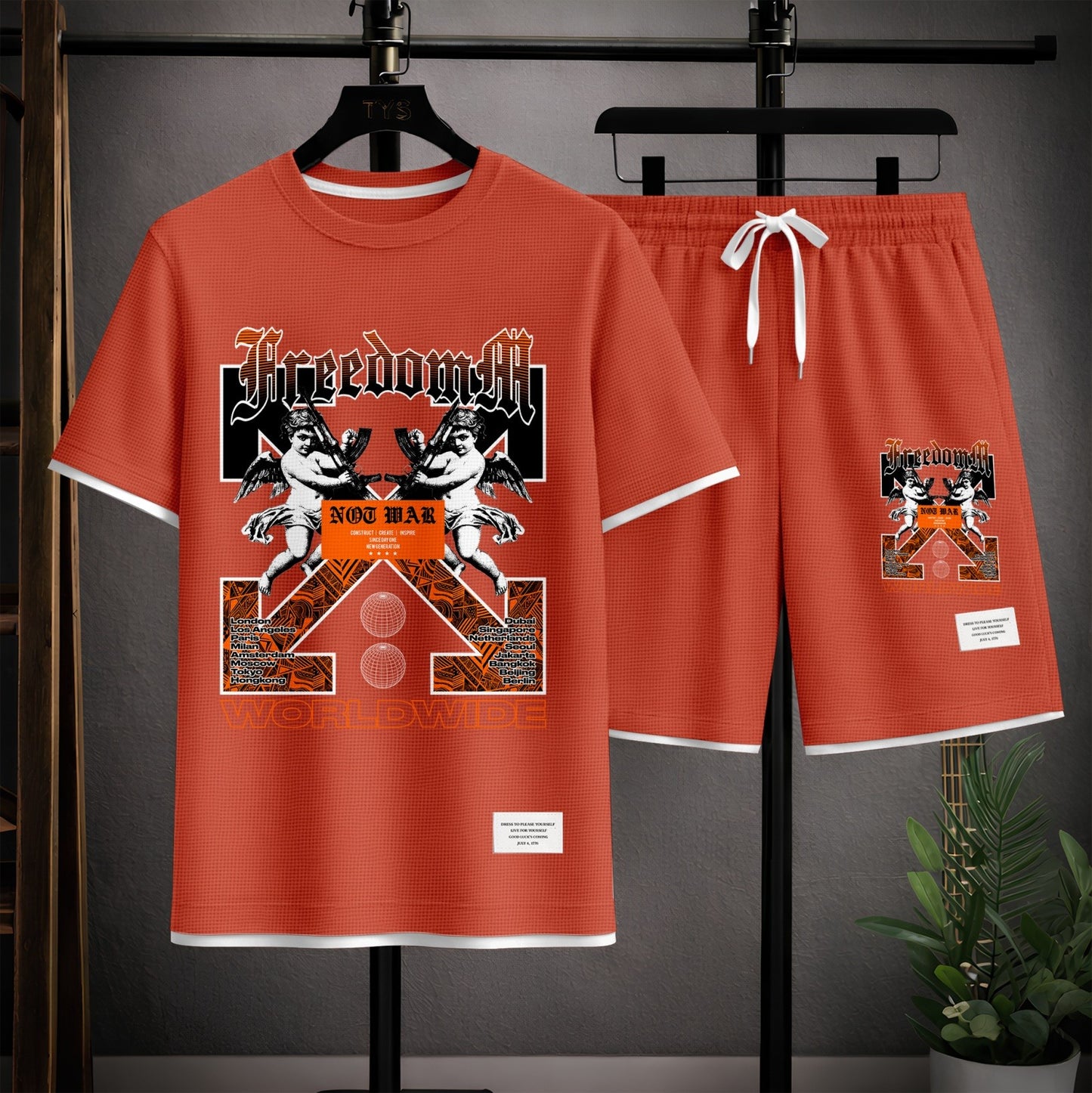 Men's Angel Graphic Print Short Sleeve Shirt and Drawstring Shorts Set, Casual Summer Two-Piece Outfit, Lightweight Breathable Relaxed Fit Athletic Set for Daily Wear, Beach, Vacation, Travel & Loungewear