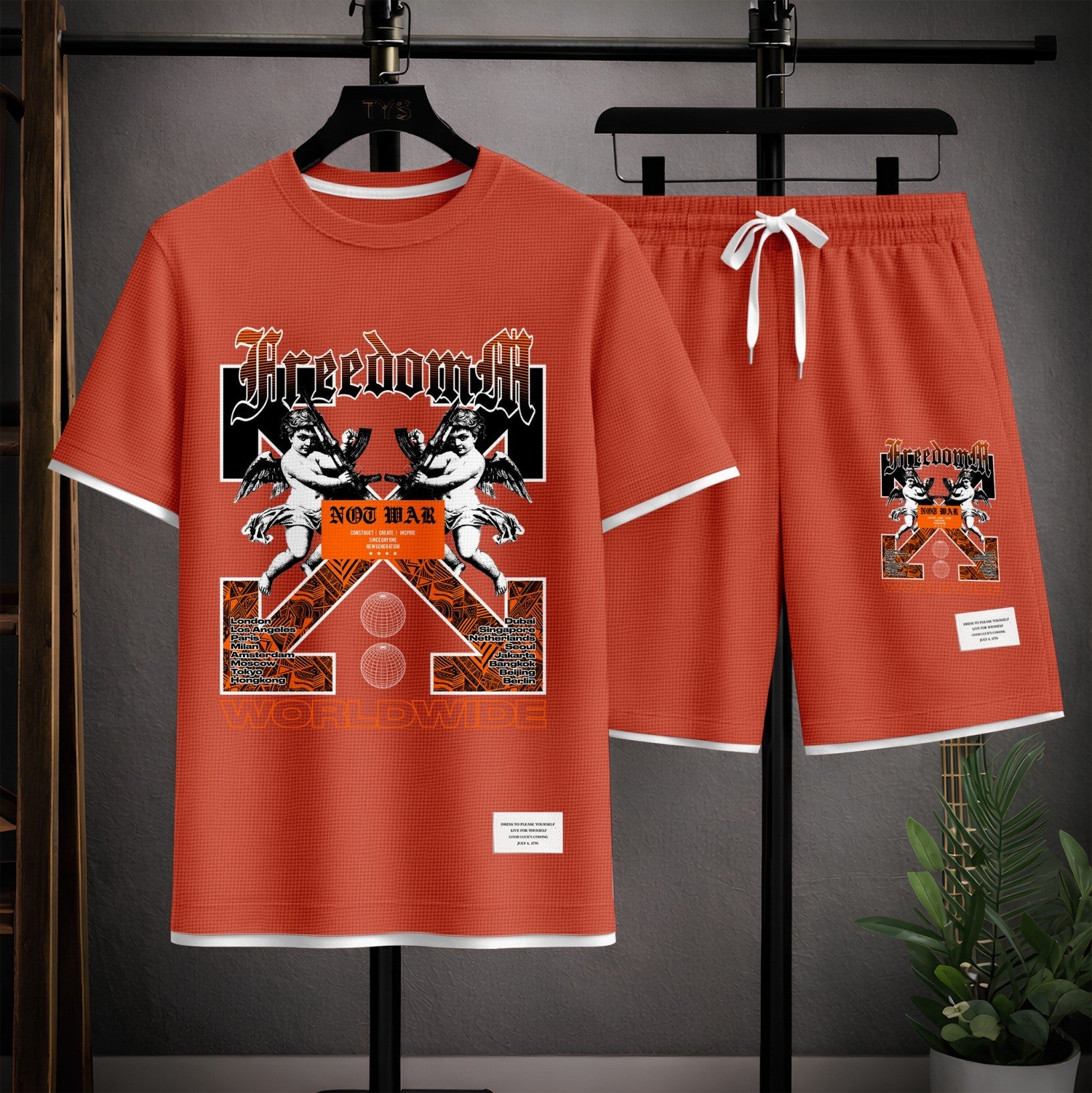Men's Angel Graphic Print Short Sleeve Shirt and Drawstring Shorts Set, Casual Summer Two-Piece Outfit, Lightweight Breathable Relaxed Fit Athletic Set for Daily Wear, Beach, Vacation, Travel & Loungewear