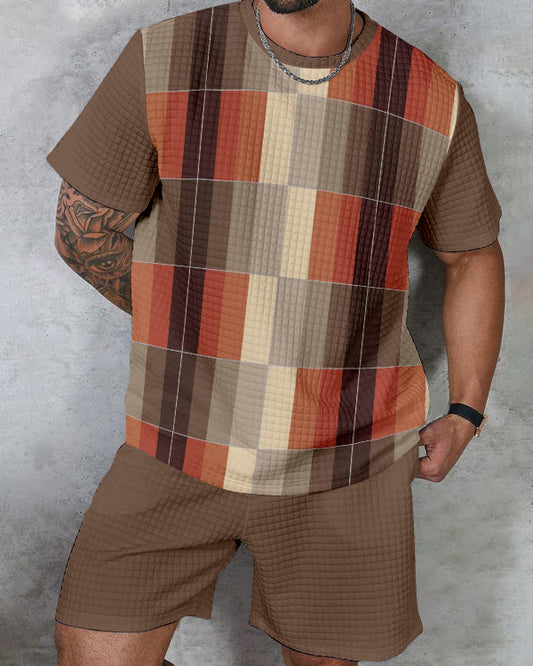 Men's textured waffle texture printed shorts Set 012