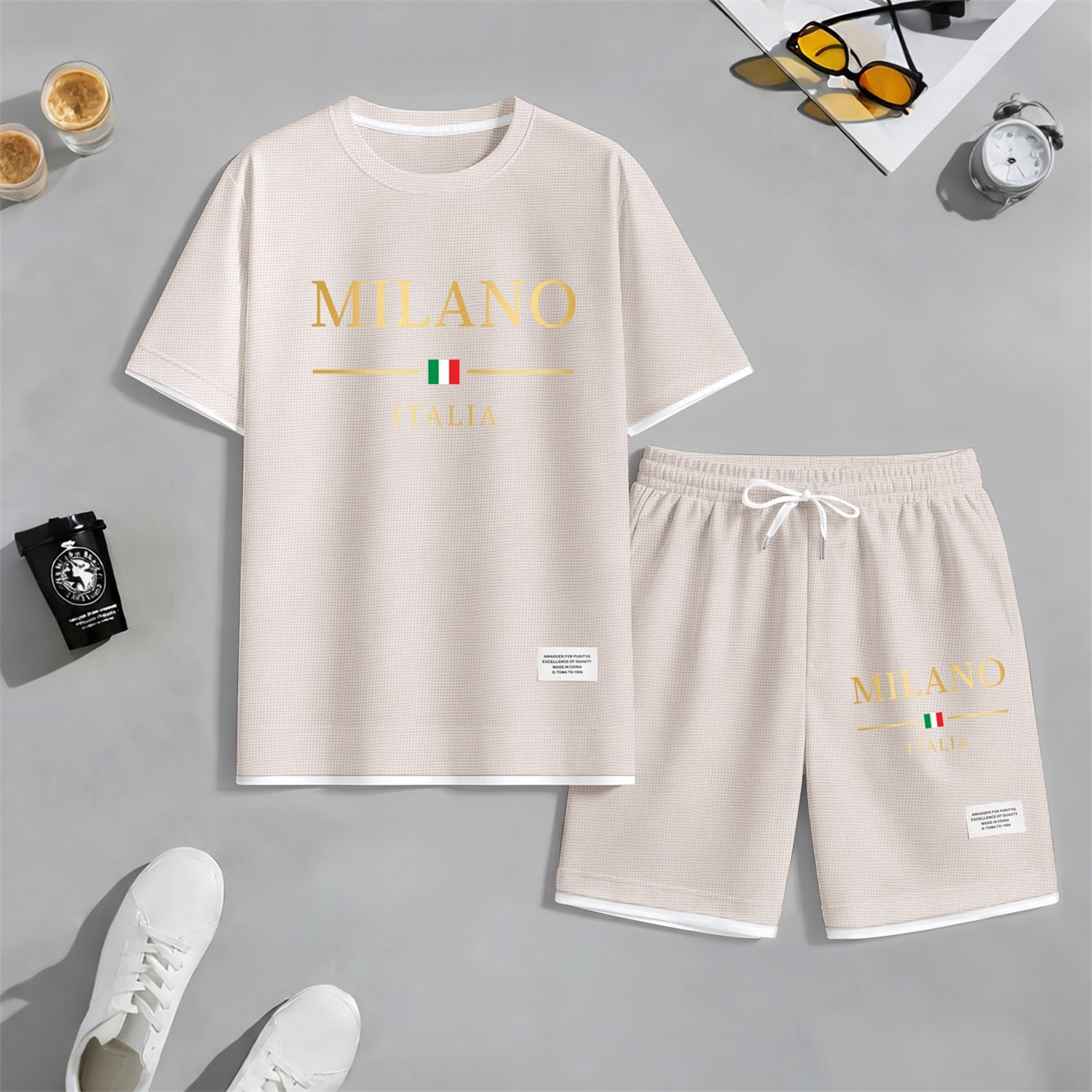 Men's Golden Milano Italy Print Waffle Fabric Short-Sleeved Shirt And Shorts Set02